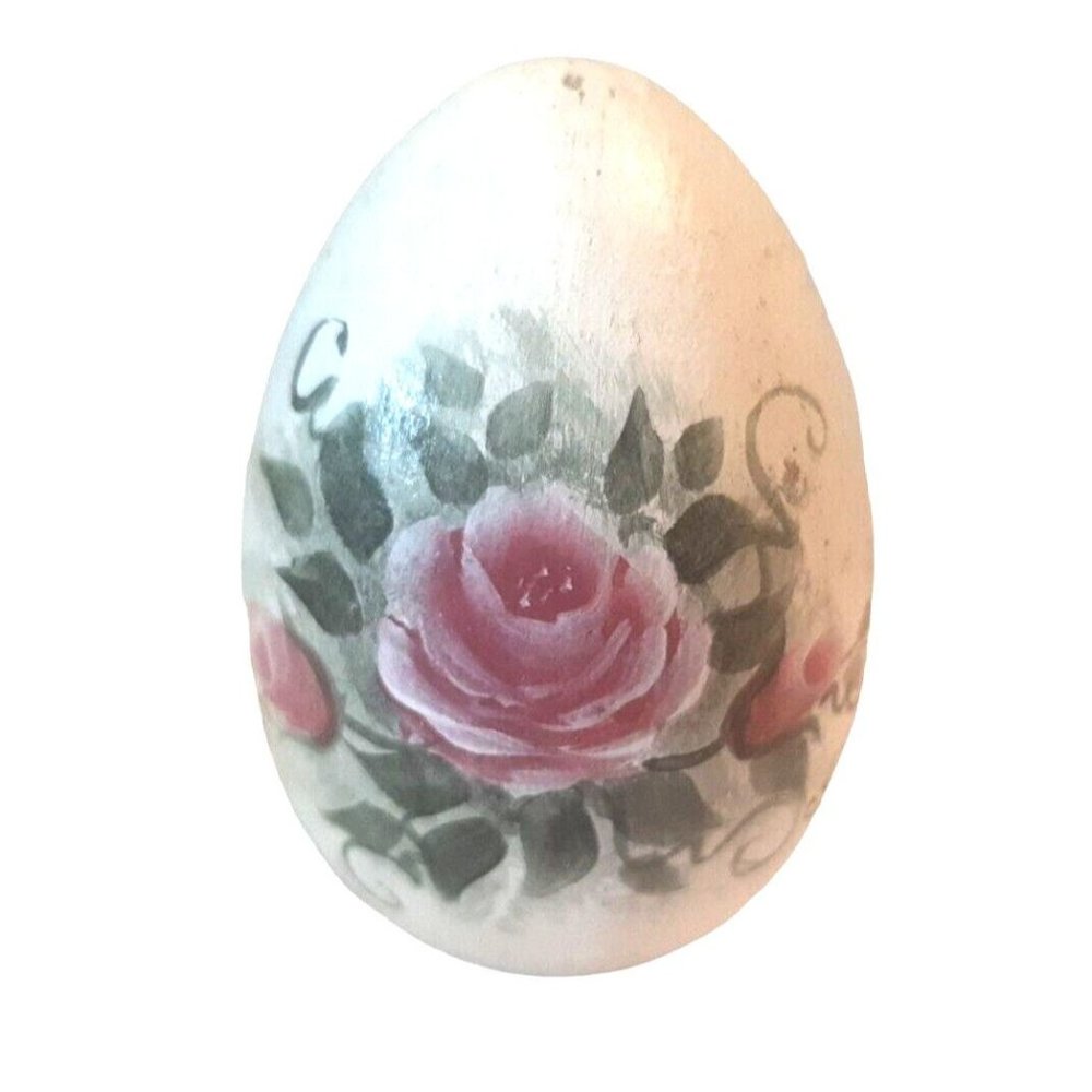 Pink Rose Hand Painted Wooden Easter Egg Decor Shabby Style Cottage Core